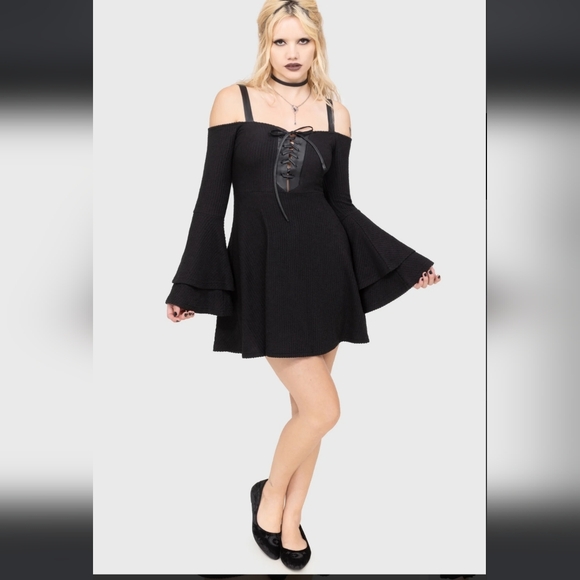 Killstar Black Lace-Up Flared Sleeve Dress - Picture 3 of 9